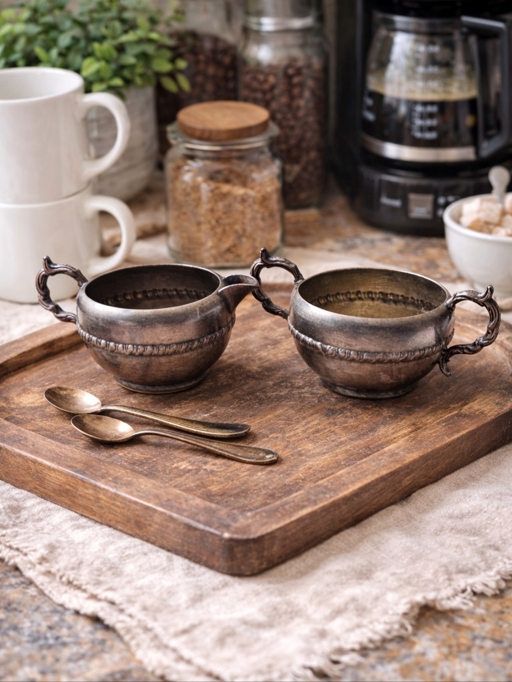 Vintage Silver Creamer & Sugar Bowl Set Copper Scroll Handles Coffee Bar Decor